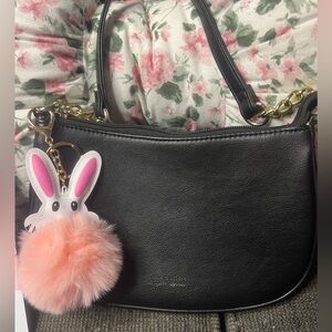 Juicy Couture Black Leather Shoulder Bag with Pink Bunny Pom Charm